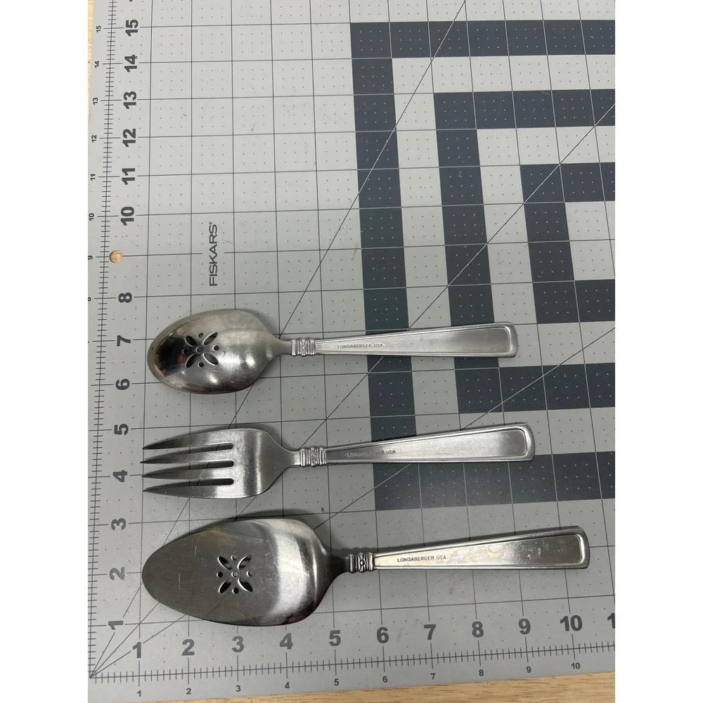 Longaberger Woven Traditions Serving Set 3pc Stainless Fork Slotted Spoon Pie